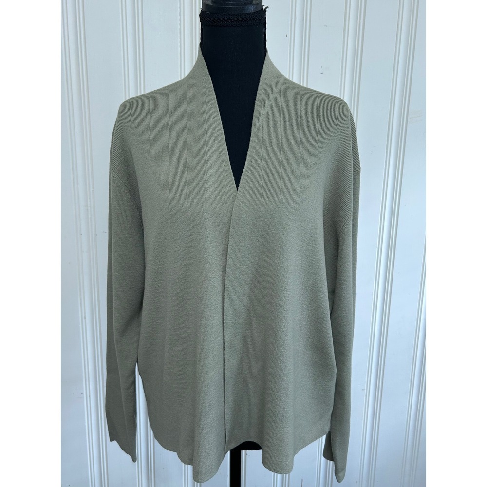 Eileen Fisher Womens Medium Sage Green Open Front Knit Cardigan Sweater Classic